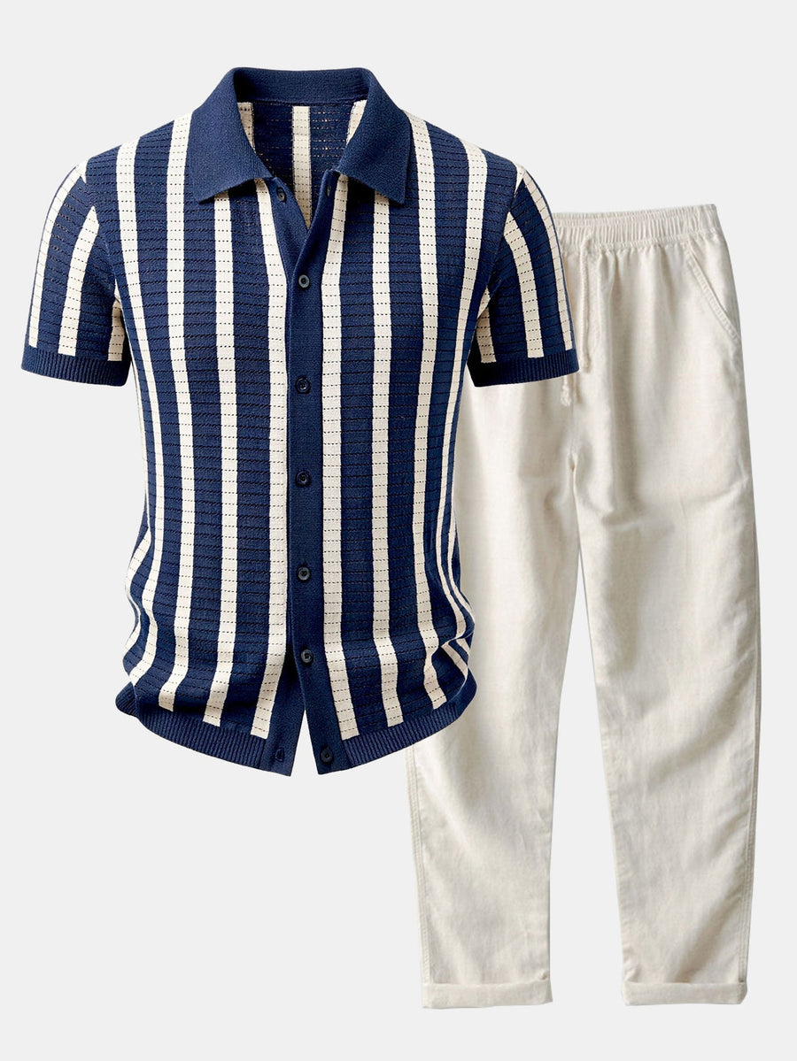 Stripe Button Up Knit Shirt & Straight Leg Linen Pants