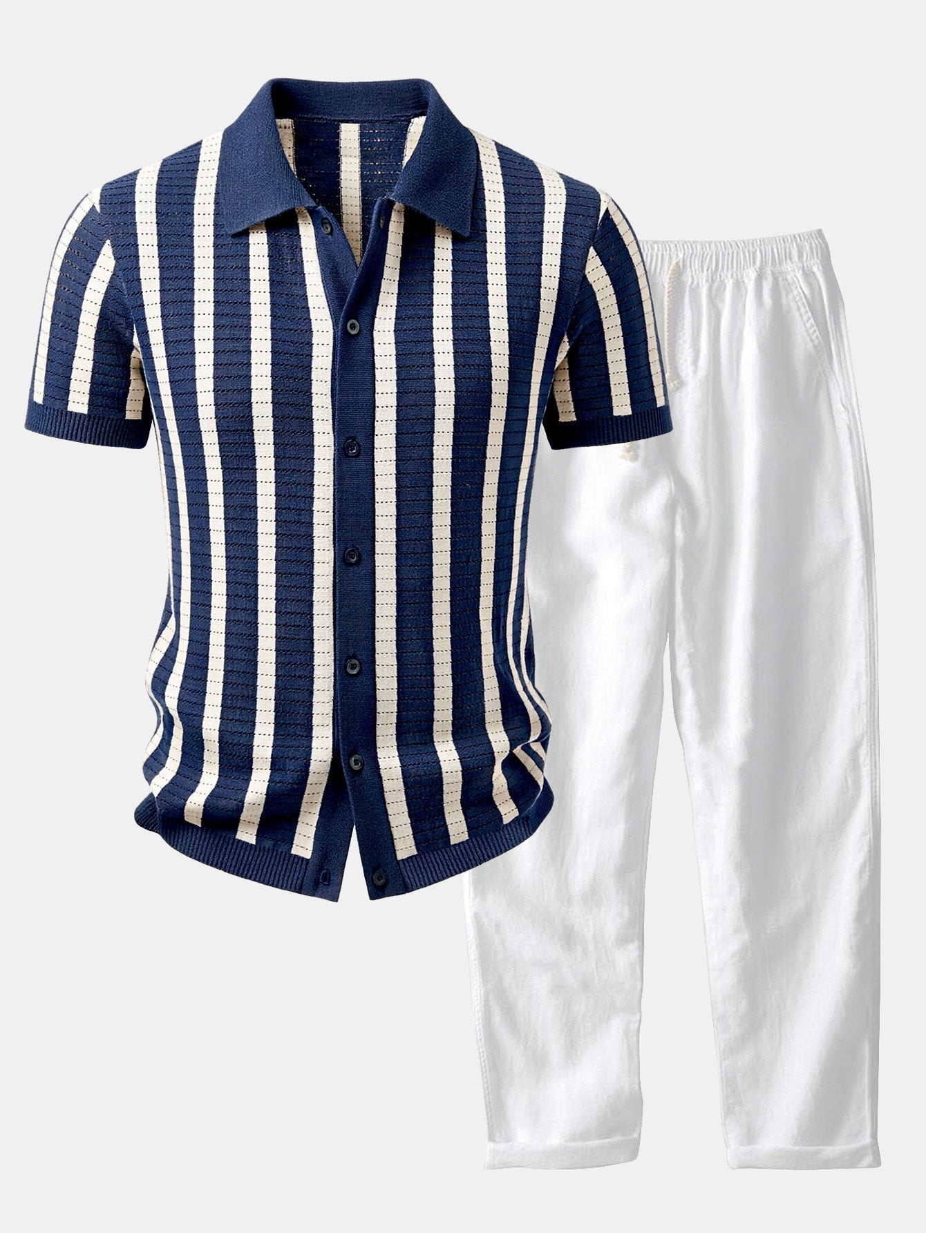 Stripe Button Up Knit Shirt & Straight Leg Linen Pants