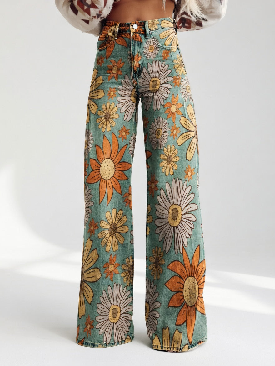 Florivane - Retro Floral Wide-Leg Trousers